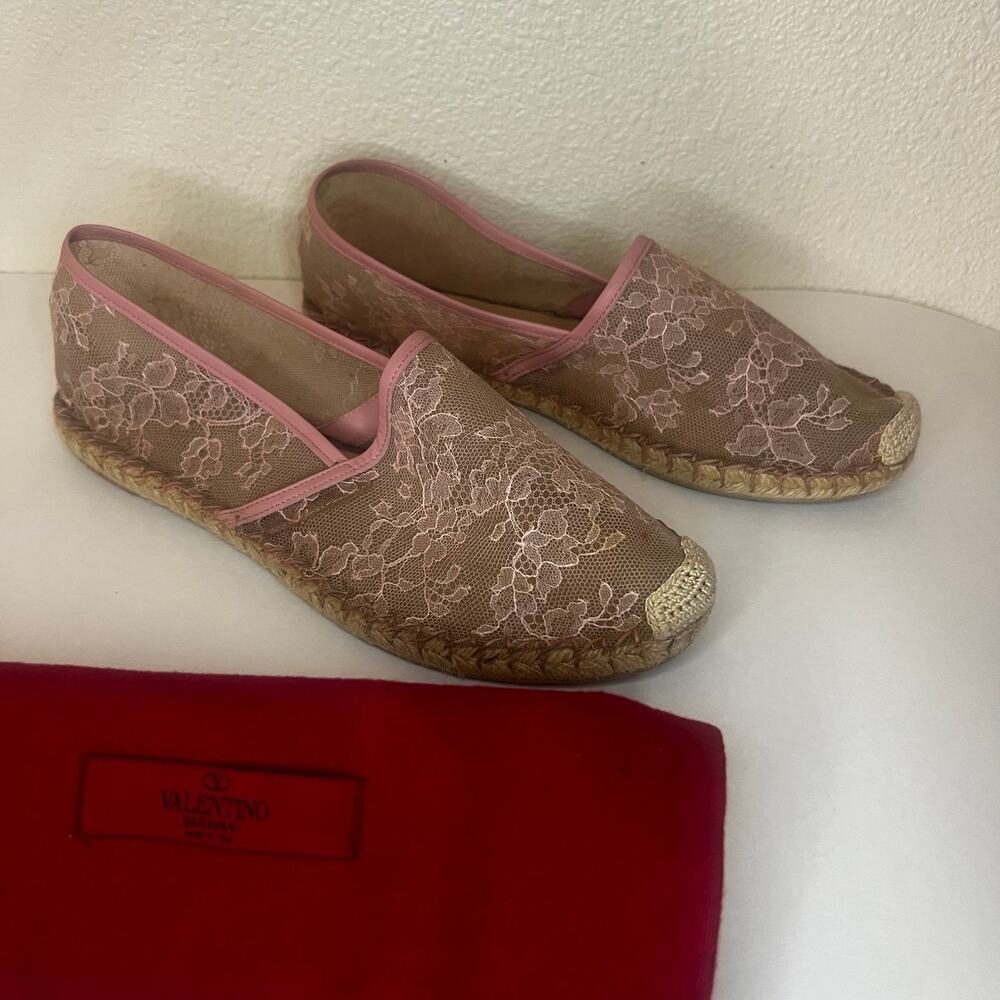 VALENTINO GARAVANI Lace Espadrille Flats Pink Floral Mesh Jute 41 US10 Dust Bag